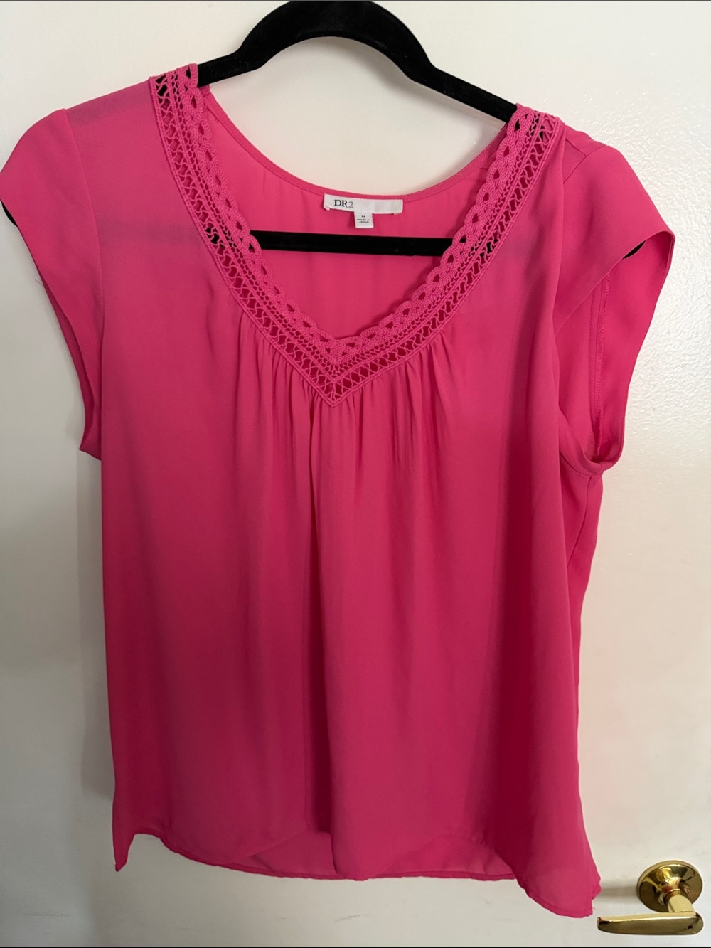 DR2 Hot Pink Crochet-Trim V-Neck Cap Sleeve Top